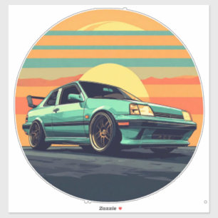 Retro-Sportwagen mit Sonnenuntergangshintergrund Aufkleber
