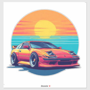 Retro-Sportwagen mit Sonnenuntergangshintergrund Aufkleber