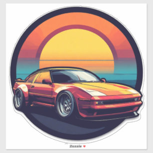 Retro-Sportwagen mit Sonnenuntergangshintergrund Aufkleber