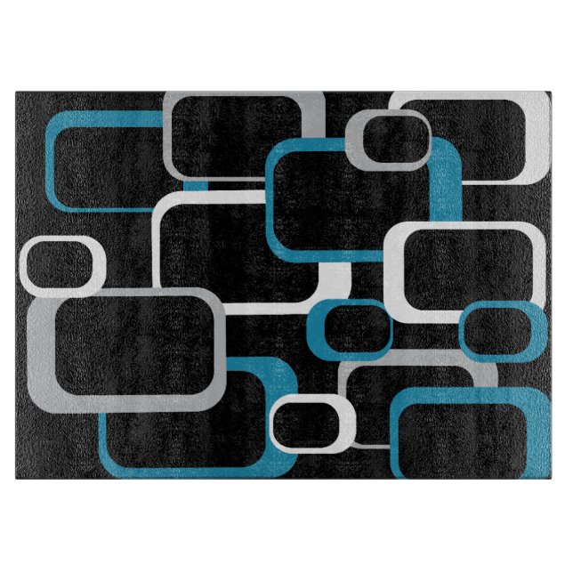 Retro Squares Blue White Gray Muster Black Schneidebrett (Vorderseite)