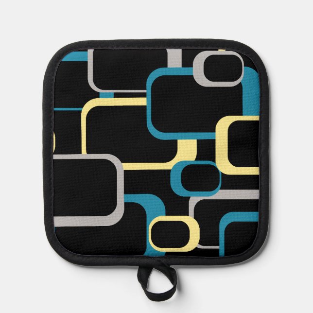 Retro Squares Blue Yellow Grey Black Background Topflappen (Vorderseite)