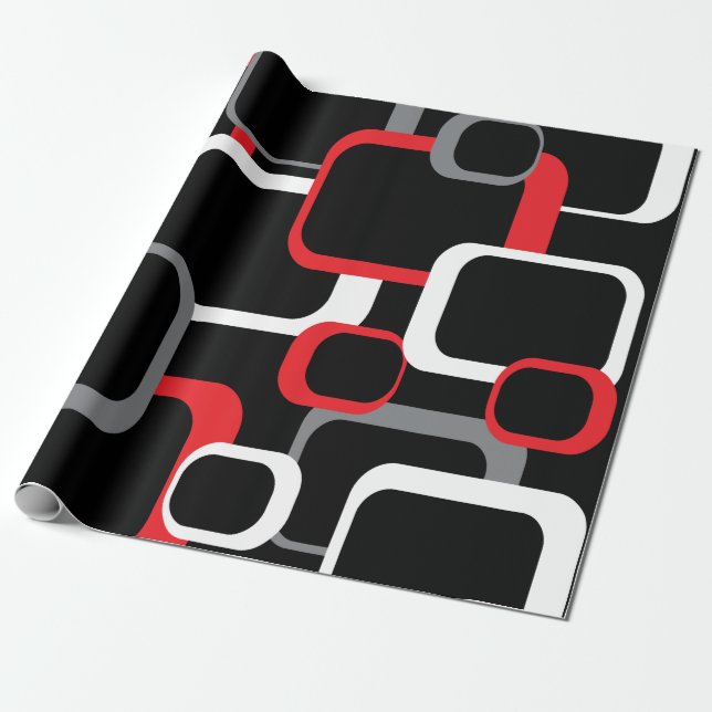 Retro Squares Muster Red Schwarz-weiß Grau Geschenkpapier (Ungerollt)
