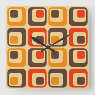 Retro Squares Pattern - Red, Brown & Orange Quadratische Wanduhr
