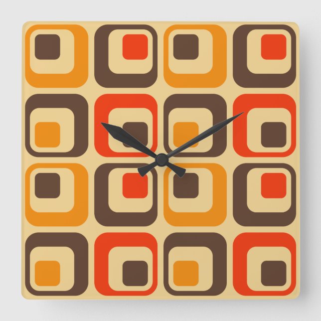 Retro Squares Pattern - Red, Brown & Orange Quadratische Wanduhr (Vorderseite)