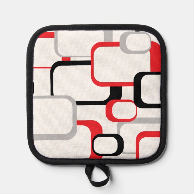 Retro Squares Red Grau Schwarz-weißer Hintergrund Topflappen (Vorderseite)