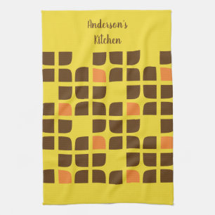 Retro Squares Yellow Brown Custom Family Name Geschirrtuch