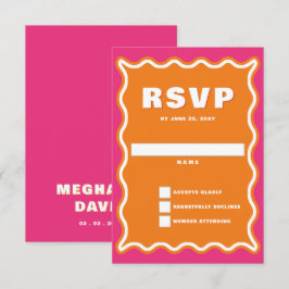 Retro Squiggle Wavy Curve Pink Orange Wedding RSVP Karte