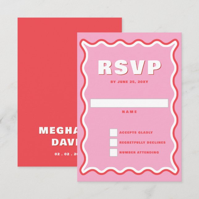 Retro Squiggle Wavy Curve Pink Red Wedding RSVP Karte (Vorne/Hinten)