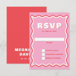 Retro Squiggle Wavy Curve Pink Red Wedding RSVP Karte