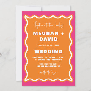 Retro Squiggle Wavy Pink Orange Foto Wedding Einladung