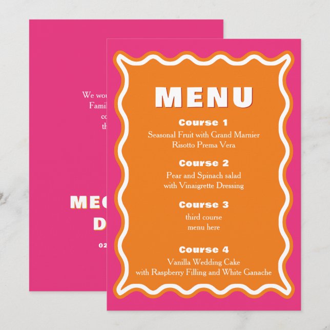 Retro Squiggle Wavy Pink Orange Wedding Menükarte (Vorne/Hinten)