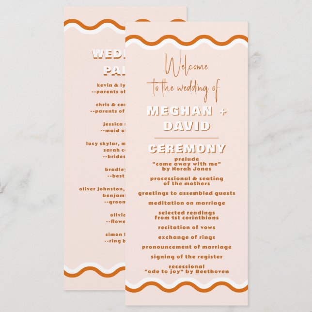 Retro Squiggle Wavy Terracotta Wedding Program Programm (Vorne/Hinten)