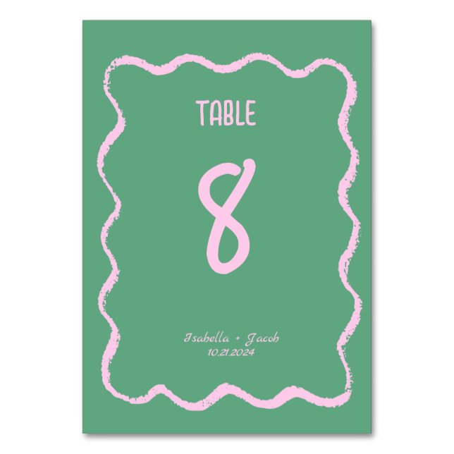 Retro Squiggle Whimsical Pink und Green Wedding Tischnummer (Vorderseite)