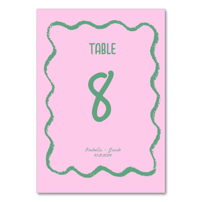 Retro Squiggle Whimsical Pink und Green Wedding Tischnummer (Vorderseite)