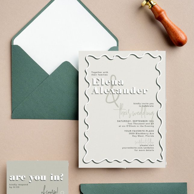 Retro Squiggly Wavy Green Taupe Wedding Einladung (Von Creator hochgeladen)