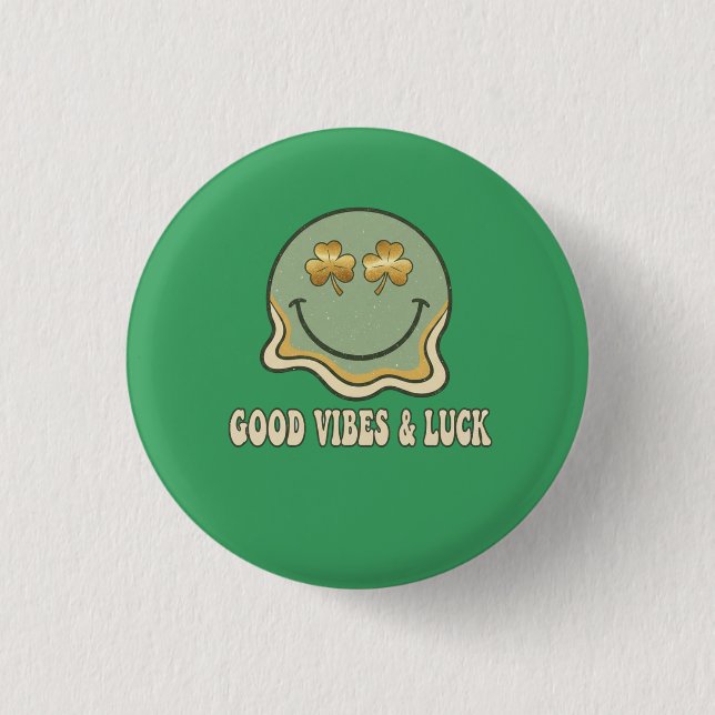 Retro St. Patrick's Day Good Vibes & Luck Smiley  Button (Vorderseite)