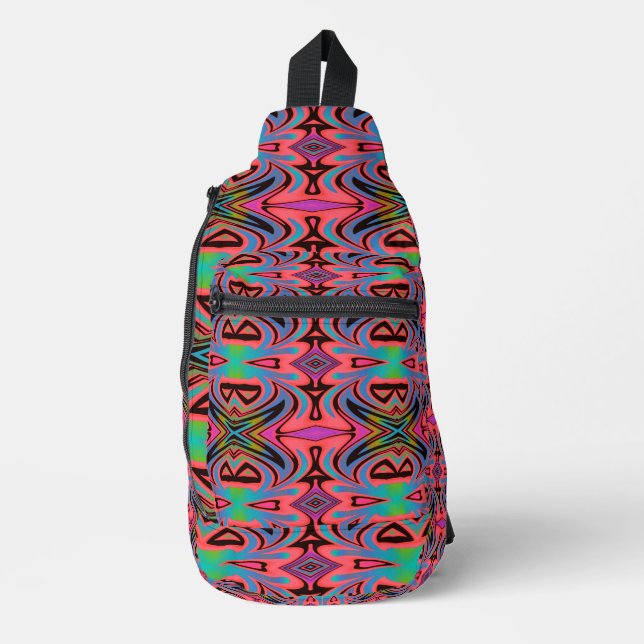 Retro-Stamm Rosa Regenbogen Crossbody Bag (Vorderseite)