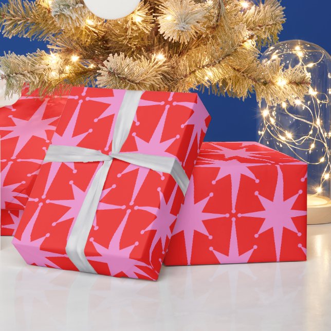 Retro Stars Mitte Jahrhundert rosa und rotes Muste Geschenkpapier (Feiertage)