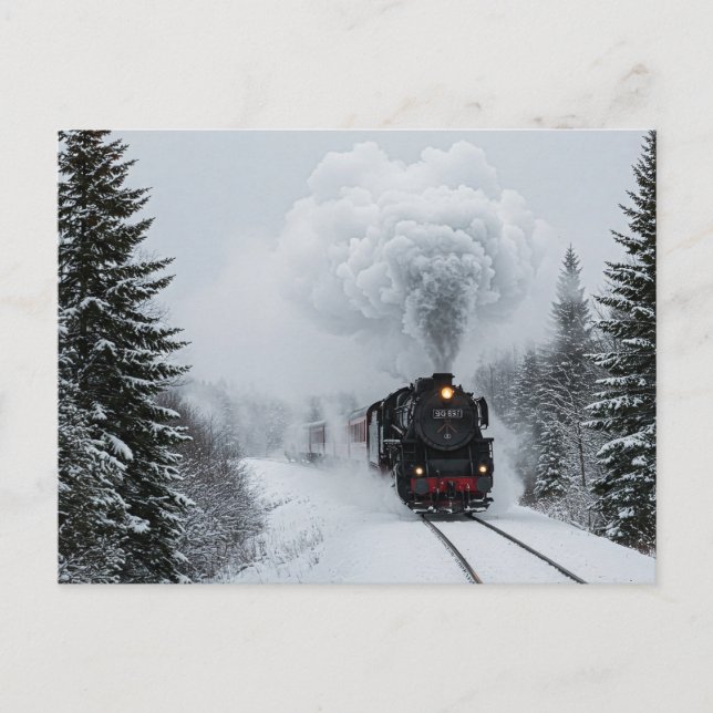 Retro Steam Train Winterschnee Postkarte (Vorderseite)