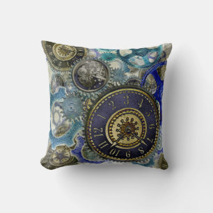 Retro Steampunk Cushion Uhren Zahnräder blau Kissen