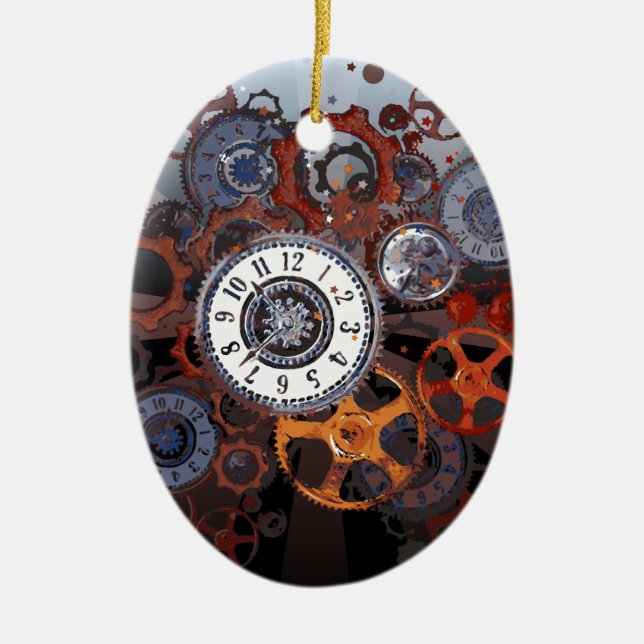 Retro-Steampunk-Uhrenteile, Gänge und Cockpits Keramikornament (Vorne)