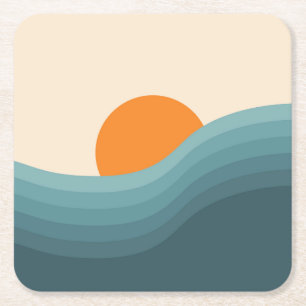 Retro-Stil abstraktes Sonnenuntergang-Landschaftsb Rechteckiger Pappuntersetzer