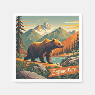 Retro-Stil Bären Cartoon und Gebirgszug Poster Serviette