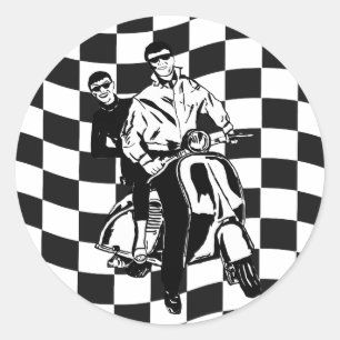 Retro-Stil Karo Roller Junge und Mädchen Runder Aufkleber