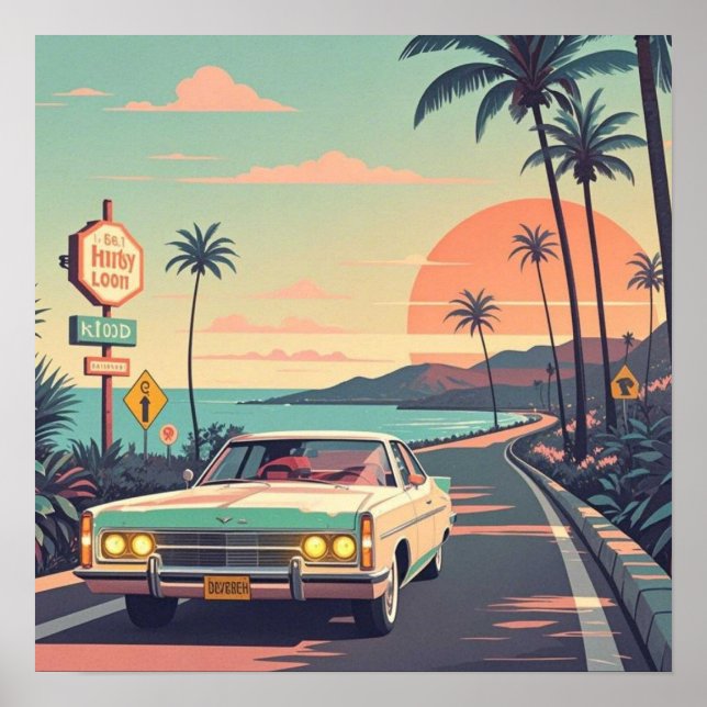 Retro-Stil Vintage Auto auf Strandpromenade Poster (Vorne)