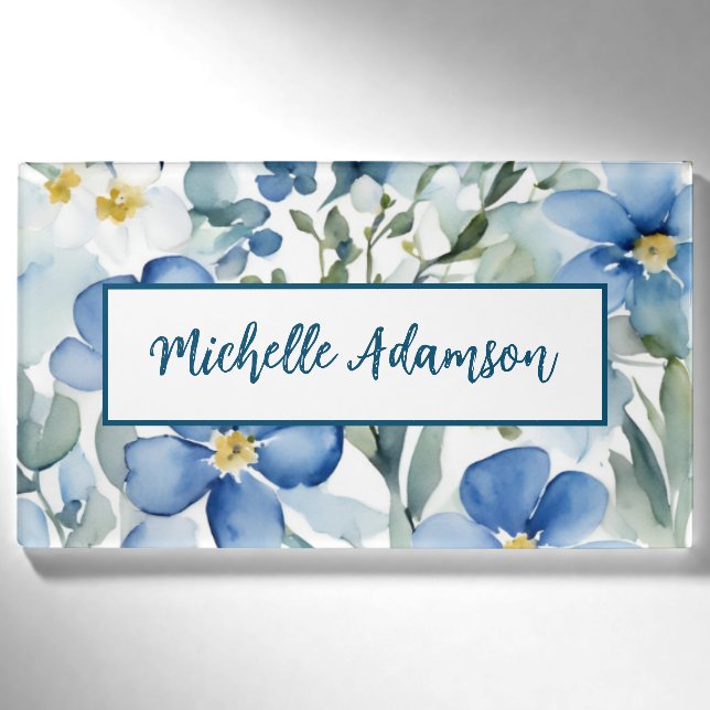 Retro Stilvolle Elegante Schlicht Blue White Blume Namenschild (Vorderseite)