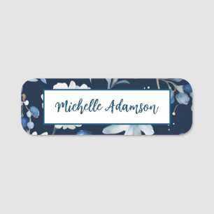 Retro Stilvolle Elegante Schlicht Blue White Blume Namensschild