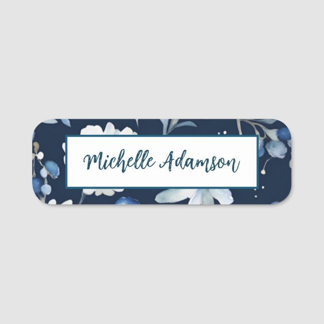 Retro Stilvolle Elegante Schlicht Blue White Blume Namensschild (Vorderseite)