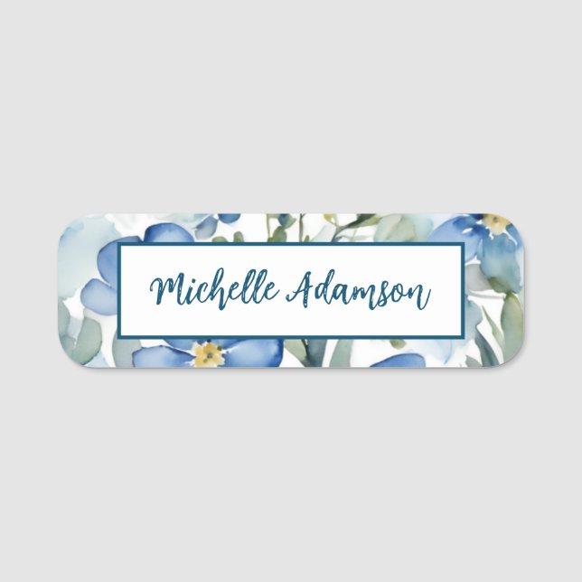 Retro Stilvolle Elegante Schlicht Blue White Blume Namensschild (Vorderseite)