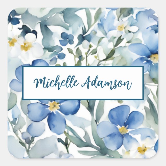 Retro Stilvolle Elegante Schlicht Blue White Blume Quadratischer Aufkleber (Vorderseite)