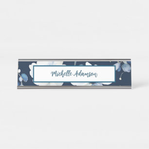 Retro Stilvolle Elegante Schlicht Blue White Blume Schreibtischnamensplakette