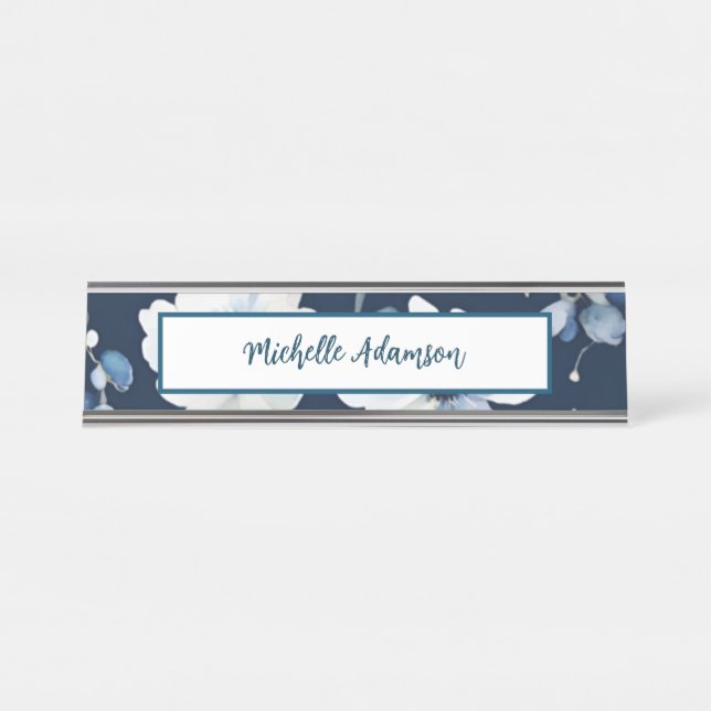 Retro Stilvolle Elegante Schlicht Blue White Blume Schreibtischnamensplakette (Vorderseite )
