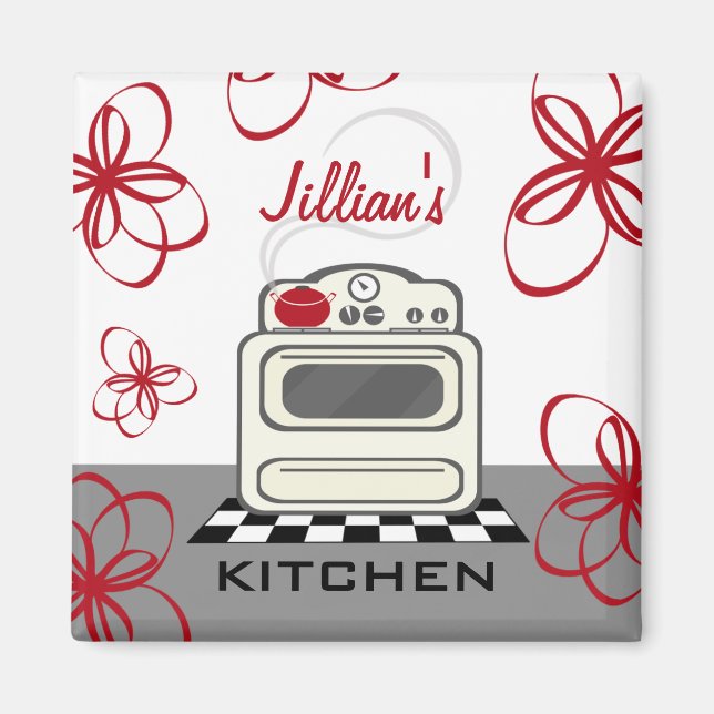 Retro Stove Modern Red & Black Kitchen Magnet (Vorne)