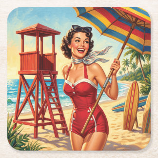 Retro-Strand-Rettungsschwimmer-Pin-Up-Dame Rechteckiger Pappuntersetzer
