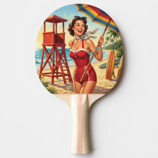 Retro-Strand-Rettungsschwimmer-Pin-Up-Dame Tischtennis Schläger