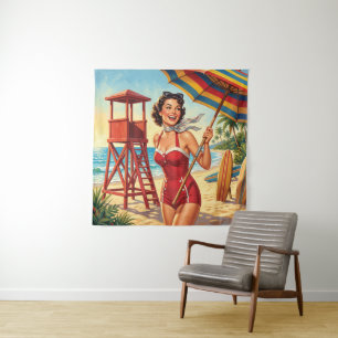 Retro-Strand-Rettungsschwimmer-Pin-Up-Dame Wandteppich