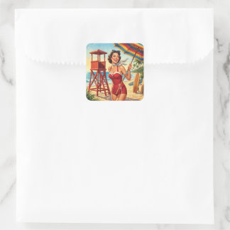 Retro-Strand-Rettungsschwimmerin Pin Up Quadratischer Aufkleber
