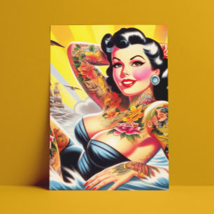 Retro-Strand-Tattoo-Pinup Postkarte