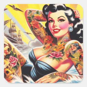 Retro-Strand-Tattoo-Pinup Quadratischer Aufkleber