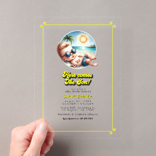 Retro-Strand-Thema "Hier kommt der Sohn" Babyparty Acryleinladungen