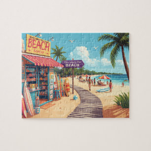 Retro-Strandladen und Promenade Urlaubsszene