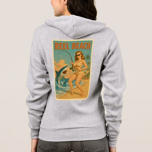 Retro-Strandleben mit Hai-Angelschnur-Pin-Up Hoodie (Rückseite)