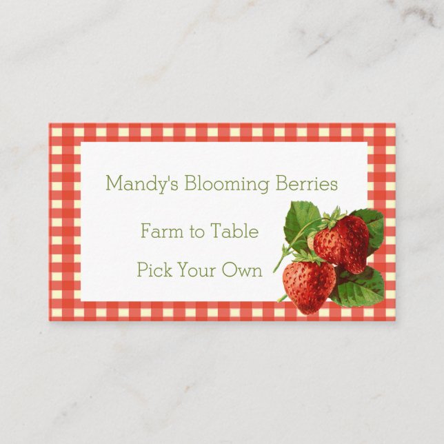 Retro Strawberry and Gingham Karo Business Card Visitenkarte (Vorderseite)