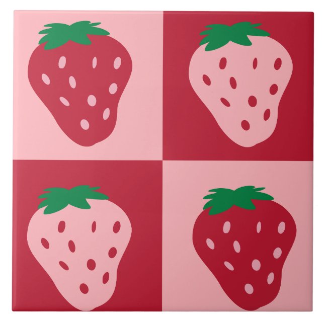 Retro Strawberry Checkerboard Muster Fliese (Vorderseite)
