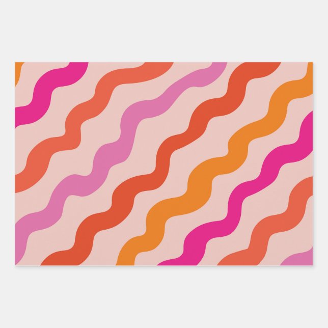 Retro Streifen Abstrakte Waves Rosa Orange Geschenkpapier Set (Vorderseite)