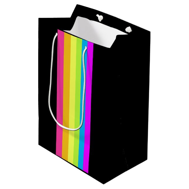 Retro Streifen Geschenktasche (Schwarz & Neon Mult Mittlere Geschenktüte (Vorderseite Schrägansicht)